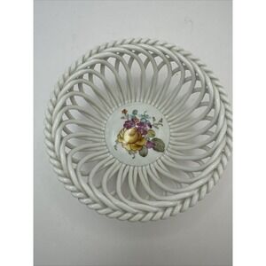 Herend Bowl Queen Victoria Open Weave Reticulated Floral Flowers Basket 4.5" VTG